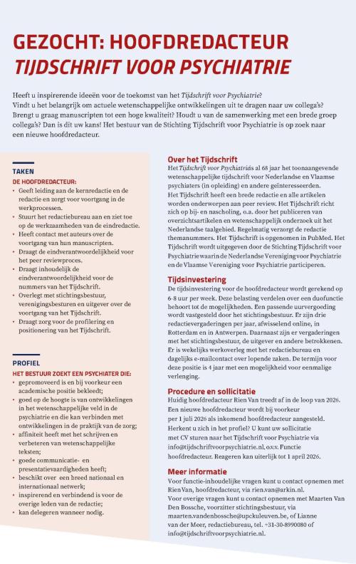 Vacature hoofredacteur Tijdschrift voor Psychiatrie
